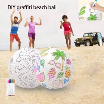 Zestaw 5 szt. (1 szt. DIY Ball & 4 szt. Graffiti Pens) Kolorowe DIY Beach Balls, 30 cm Nadmuchiwane Graffiti Balls, Malowanie Balls, Piłki do Sportów Wodnych, Trawnik Plaża, Zewnętrzne Grupowe Prezenty do Gier