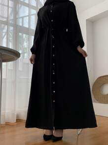 Damen Mode Kragen einfarbiges langärmliges Kleid Stil locker lang Kleid