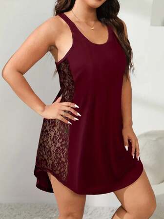 大码女式欧美风格圆领蕾丝露背无袖睡袍，休闲家居睡衣，春夏