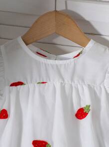 2pcs Young Girl Cute Strawberry Print White Short Sleeve Top + Denim Shorts Set, Lightweight Summer - White - View 6