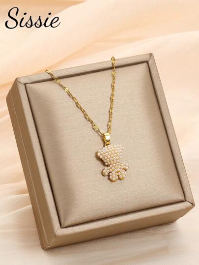 1 件儿童可爱甜美仿珍珠装饰熊吊坠项链适合女孩优雅轻奢街头派对节日魅力珠宝适合日常生活
