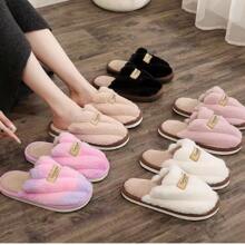 Solid Color Unisex Comfortable Soft Plaid Patchwork Slippers - Warm Non-Slip House Shoes With Soft Faux Rabbit Fur Lining