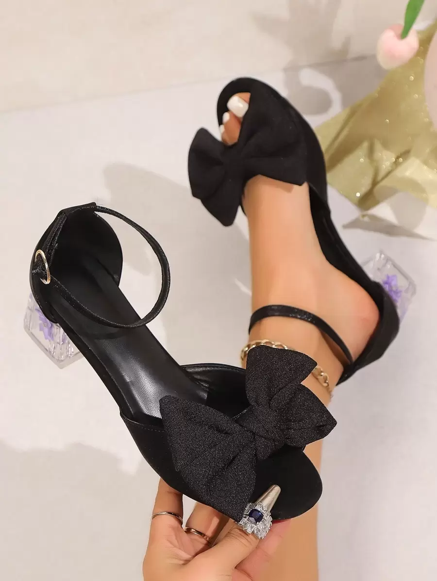 女士黑色系带透明粗跟凉鞋