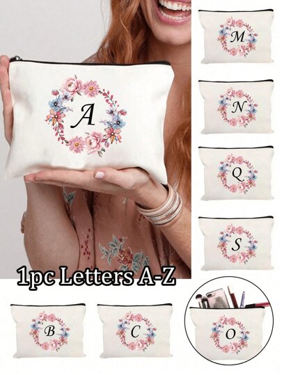 1 Stück modisch einfache bedruckte Patchwork Kosmetiktasche für Jugendliche, weiße kleine Tasche, Pfingstrosenabdruck mit schwarzen Buchstaben A-Z, Kosmetiktasche, tragbare Kulturtasche, Geburtstagsgeschenk, wiederverwendbare Kosmetiktasche, einfache großvolumige Reise-Kosmetiktasche für Teenager, Kopfhörer, Zubehöraufbewahrung, Münzbörse, multifunktionale tragbare Jugendgeschenk, tragbare Freizeittasche