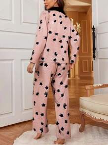Set de 2 piezas de pijama de mujer para primavera y otoño con manga larga y pantalón largo, cardigan con escote en V, estampado floral teñido anudado, en colores contrastantes, cómodo y de moda