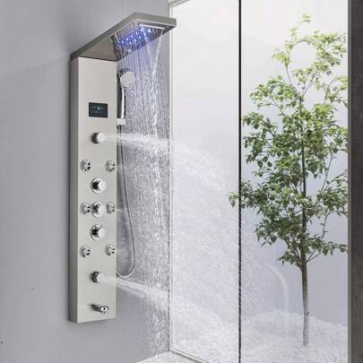 LED Paneles de Ducha 7 Funciones Torre de Ducha Cascadas y Duchas de Lluvia Visualización de la Temperatura de la Energía Hidráulica 8 Chorros de Masaje Ducha de Mano Caño de Bañera Negro