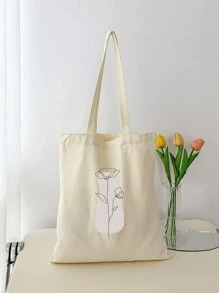New Beige Stone Line Floral Print Tote Bag, Versatile Suitable For School, Campus, Library, Shopping, Travel, Outdoor, Casual, Large Capacity Convenient Style