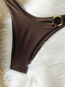 Women's Solid Color Metal Ring Detachable Strap Spaghetti Strap Bikini Set, Summer - Coffee Brown - View 5