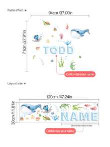 [Élément essentiel pour la rénovation de la chambre d'enfant] Autocollant mural personnalisé avec le nom, autocollant de décoration avec des animaux marins de dessin animé + décoration de chambre d'enfant personnalisée, autocollant commémoratif du nom de bébé, anniversaire, fête des 100 jours, autocollant décoratif pour garderie (amovible) Rentrée des classes
