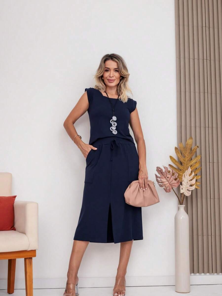 Women's Premium Fleece Midi Skirt Set - 藏蓝色 - 查看 1