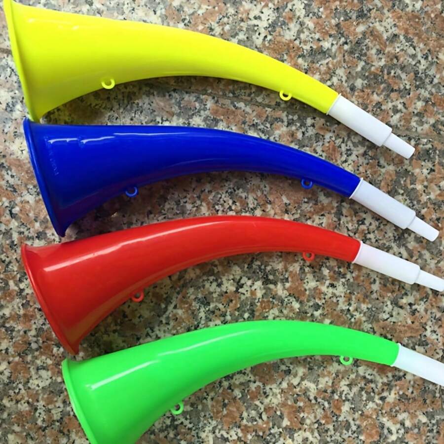 2 件装活力大号牛角口哨 - 塑料，运动主题啦啦队和足球迷道具，无需电池，带挂绳 - 黄色、蓝色、红色、绿色