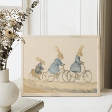 1 Piece, Unframed, Wall Arts Posters Art Canvas Poster, Canvas Art - Charming Vintage Whimsical Animal Friends Riding Bicycles Wall Decor For Living Room And Bedroom, Easter, Holiday Poster, Bunny Mural Poster