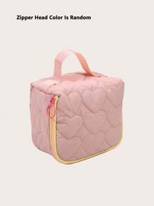 1 pieza Bolsa de maquillaje de lona con diseño de corazón para mujeres, gran capacidad, estilo coreano de moda, estuche con cremallera, bolso de viaje portátil, organizador de artículos de tocador para auriculares, lápiz labial, toallitas sanitarias (el color del tirador de la cremallera es aleatorio)