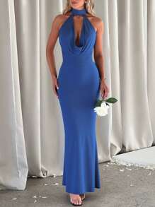 性感优雅长款露背绒领连衣裙，日常约会穿着，派对装，婚纱 - 藍色 - 查看 5