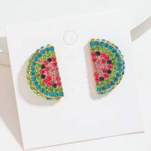 2 piezas Pendientes tipo botón estilo bohemio con cristal de sandía, melocotón y cereza de la serie de frutas, adecuado para uso casual, vacacional y de fiesta de las mujeres