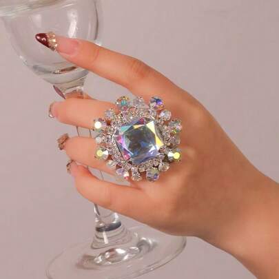LuxstyWear Nhẫn kim cương giả cỡ lớn cao cấp mới có thể điều chỉnh, Nhẫn thời trang kim cương hình vuông nhiều màu sắc dành cho nữ