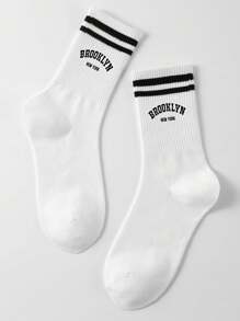 1pair Women's Mid-Calf Socks, & Minimalist Street Basketball Style, With Brooklyn Letters, Suitable For Daily Wear, Fall - Black and White - View 6