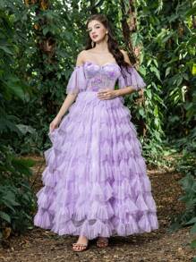 Off Shoulder Floral Applique Bodice Contrast Tiered Ruffle Hem Homecoming Prom Dress Perfect Wedding Guest Dress, For Back To School, Gathering, Dance & Cocktail Events, Party Dress - Lilac Purple - View 2