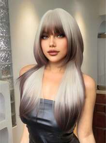 1-Piece Synthetic Heat-Resistant Chocolate Brown-Green Ombre Wig With Bangs 24 Inches Long Fully Machine-Woven Natural And Realistic Mermaid-Style Wig