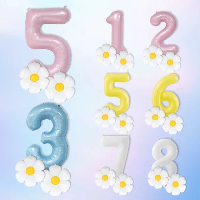 3 件/套 40 英寸数字气球，粉色、蓝色、黄色、白色铝箔数字气球，适合 1-9 岁儿童，花朵雏菊气球，生日派对装饰和道具，夏日派对