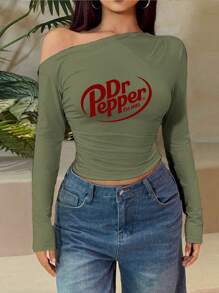 Letter Print Women's Off Shoulder Long Sleeve Top Sexy T-Shirt Spring Summer Ruched Y2K Clothing