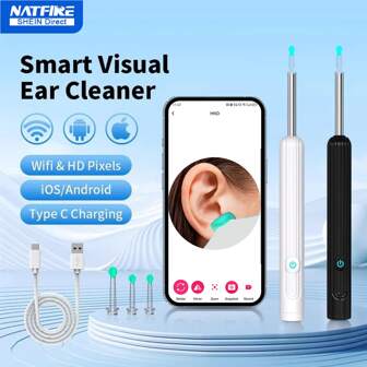 1Set Camera-Equipped, Ear Cleaner, Rechargeable, Ear Camera 1080P With Lights, Ear Cleaning Kit, Intelligent Ear Wax Remover With 3pcs Ear Scoop, Earwax Remova Tool, 8PCS Ear Pick, Wireless Otoscope Compatible With Android & IOS Compatible With Iphone, Ear Scope For All Cell Phones, Perfect For Adults & Pets,School,Back To School,Travel,Travel Essentials,Home Essentials,Ear Cleaner