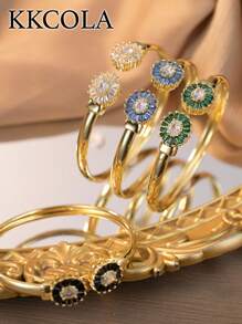 KKCOLA 1 件时尚几何椭圆形锆石手链，多色可选，适合女士派对、度假、海滩珠宝、日常配饰 - 金黃色 - 查看 5