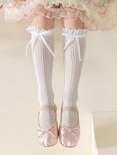 1 Pair Girls Thin Lace Trim Bow Knee High Socks, Suitable For 3-15 Years Old Girls, Stylish For Daily Wear, Spring/Summer