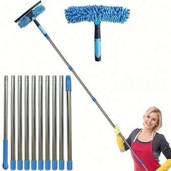 1 Set 2-In-1 Window Cleaning Brush And Squeegee Kit, With Extendable Stainless Steel Handle, Reusable Squeegee Brush, Suitable For Outdoor And Glass Cleaning, Includes Multiple Components And Machine Washable Chenille Fabric, Brush Cleaning Tools