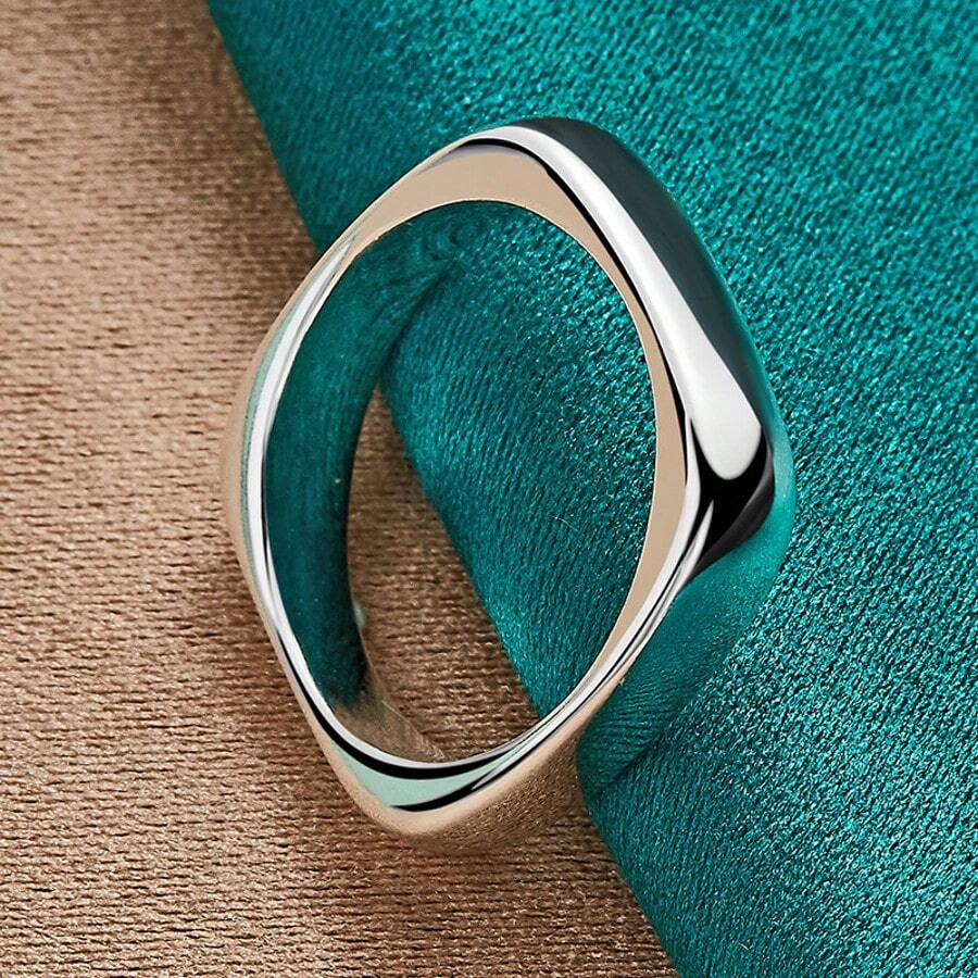 925 Silver Plated Smooth Round Square 5-10# Ring For Women Men Wedding Charm Engagement Party Fashion Jewelry - Silver - View 1