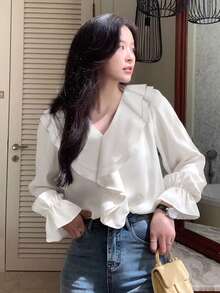 Women's V-Neck Ruffle Trim Long Sleeve Blouse, French Style Delicate Elegant Flared Sleeve Design Tops For Spring & Summer - White - View 4