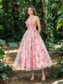 Faeriesty Princess Beauty Luxury Strapless A-Line Evening Gown With 3D Floral Embroidery & Adjustable Back Tie Closure - Formal Dresses For Gala Dinners, Wedding Receptions, Red Carpet Events