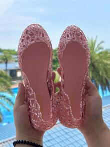 Women's Summer Hollow-Out Flat Jelly Crystal Sandals Closed Toe Soft Beach Shoes - Pink - View 1