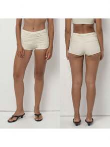 Womens Ruched Lounge Shorts Casual Low Waist Solid Color Slim Fit Mini Shorts Going Out Shorts - Yellow - View 2