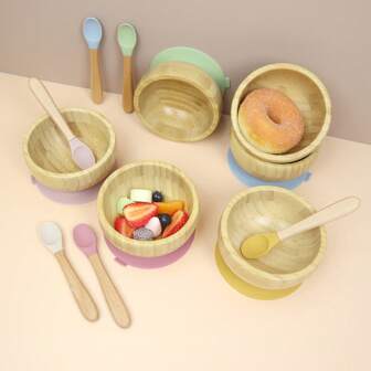 带吸盘的竹碗 + 山毛榉木勺，适合婴儿/幼儿