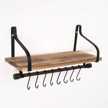 1pc Floating Shelf, Rustic Wood Shelf With 8 Hooks, Coffee Bar Display Shelf, Kitchen Spice Rack - Wood Color - View 14