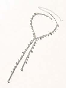 Fashionable Elegant Luxury Rhinestone Tassel Long Necklace - Silver - View 3