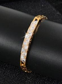 1 件三角形白色方晶锆石开口手镯，适合送给妈妈、伴侣、聚会的礼物 - 金黃色 - 查看 1