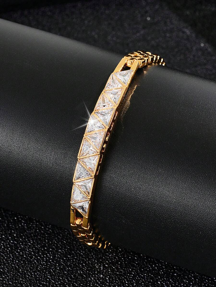 1 件三角形白色方晶锆石开口手镯，适合送给妈妈、伴侣、聚会的礼物 - 金黃色 - 查看 1