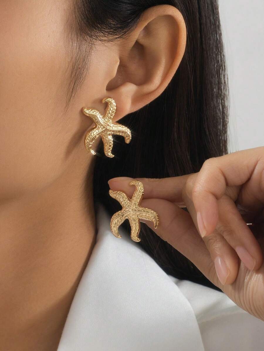 1 Pasang Anting Stud Bintang Laut Minimalis, Anting Gaya Pantai Laut yang Modis untuk Wanita - B-Emas - View 1
