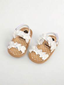 婴儿女童夏季凉鞋带花朵蝴蝶结软底婚纱平底鞋新生儿学步鞋婴儿床正装鞋 - 白色 - 查看 13