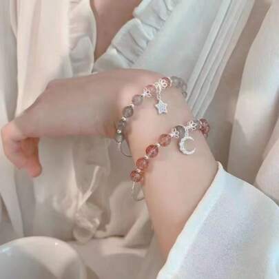 1pc Moonstone, Strawberry Quartz, Star & Moon Beads Jewelry Bracelet, Suitable For Women, Auspicious Decoration