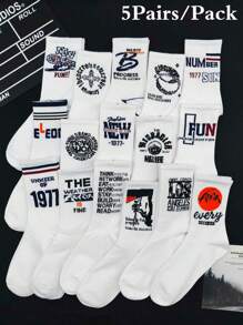 5 双随机款式男士中筒袜，时尚字母和数字印花，男女通用运动袜，白色，秋季 - 白色 - 查看 9