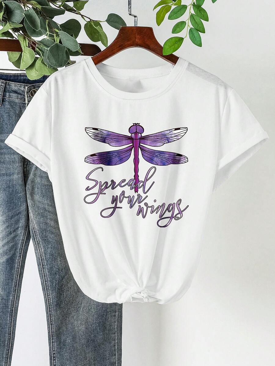 女士时尚紫色蜻蜓翅膀和字母印花 T 恤，女士休闲短袖上衣夏季 - 白色 - 查看 1