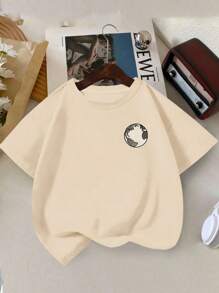 Tween Boy's Slogan Print Round Neck Short Sleeve Tee Spring And Summer Casual T Shirt For Kids - Apricot - View 2