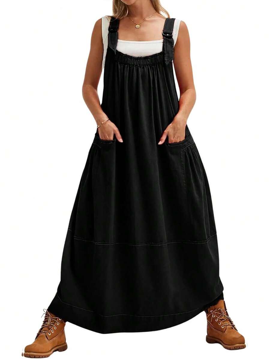 Women's Barrel Midi Dress Loose Adjutable Strap Big Pockets Maxi Dress Overall Jumpsuits - màu đen - Xem 1