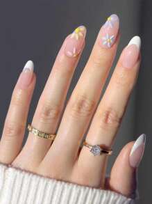 春季法式亮面指甲花卉图案美甲，日常派对必备，可重复使用，配有指甲锉和果冻胶，24 件装按压式指甲