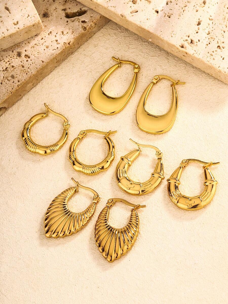 1 对/4 对女士时尚 U 形金色环状耳环，优雅高端简约设计金属耳环 - 金色 - 查看 1