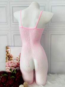 Lingerie sexy da donna, tutina rosa con fiori in rete e fiocco, taglio aperto