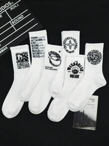 6 双男士白色字母图案中筒袜，学院风情侣运动袜 - 白色 - 查看 7